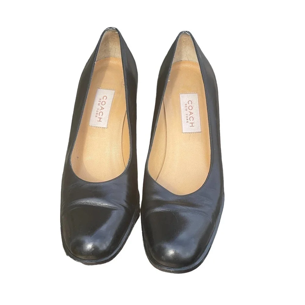 Coach New York Black Leather Round Toe Block Heels  - Size 8